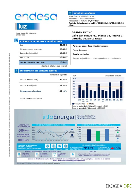 Modèle de facture de services publics d'entreprise Espagne Endesa luz aux formats Word et PDF